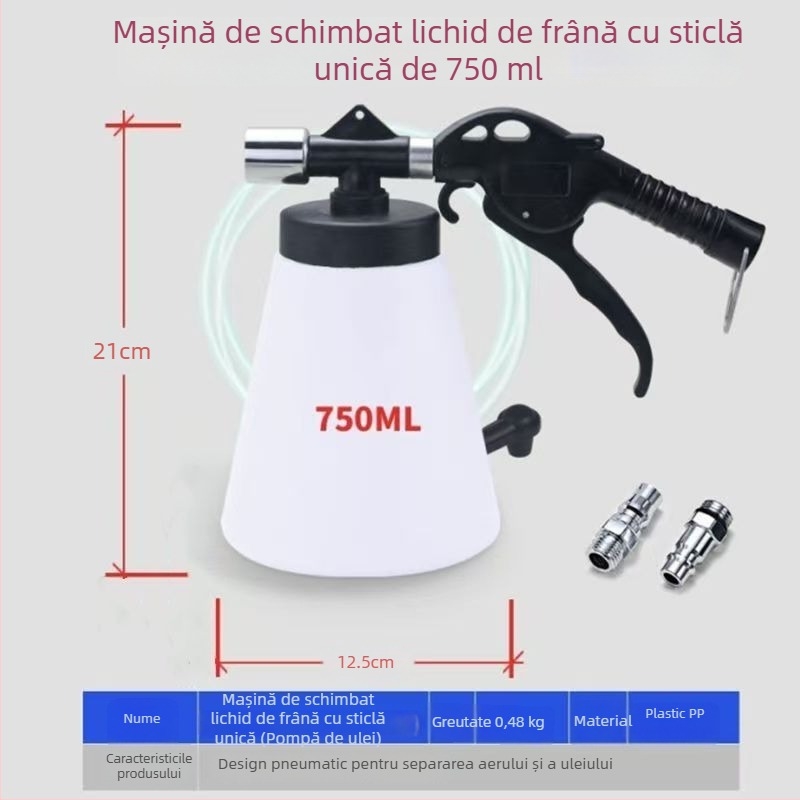 Dispozitiv pneumatic pentru înlocuirea fluidului de frână – kit de umplere/extragere cu recipient de 1000 ml, pompă 750 ml, conductă rezistentă la presiune, duză de aer și furtun