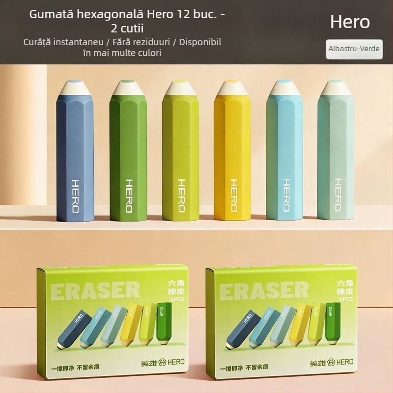 Radieră hexagonală Hero pentru creioane – fără reziduuri, suprafață curată, nu lasă urme, design desen animat, netoxică, 66×17 mm, material TPE, pentru elevi