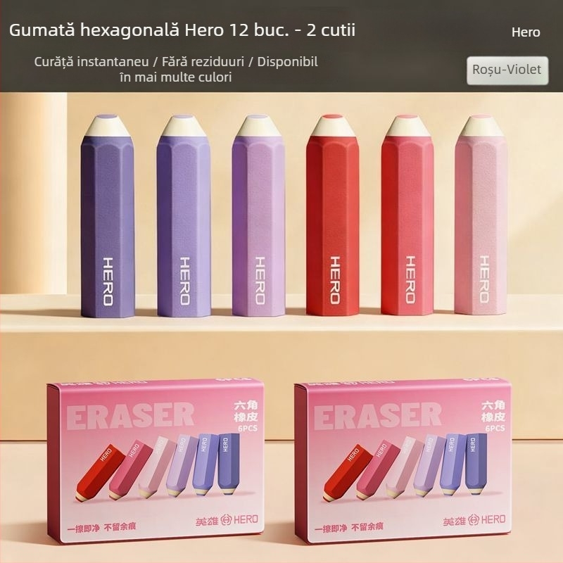 Radieră hexagonală Hero pentru creioane – fără reziduuri, suprafață curată, nu lasă urme, design desen animat, netoxică, 66×17 mm, material TPE, pentru elevi
