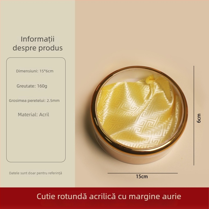 Cutie cadou circulară, transparentă din acril, cu tavă interioară cu margine aurie, pentru set Bird's Nest, Cordyceps, American Ginseng, Sea Cucumber și Dendrobium