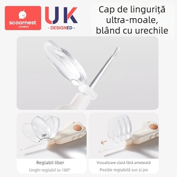 Lingură de urechi pentru bebeluși cu lumină, instrument de îndepărtare vizibilă a cerumenului cu vârf moale pentru copii