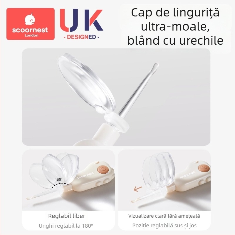 Lingură de urechi pentru bebeluși cu lumină, instrument de îndepărtare vizibilă a cerumenului cu vârf moale pentru copii