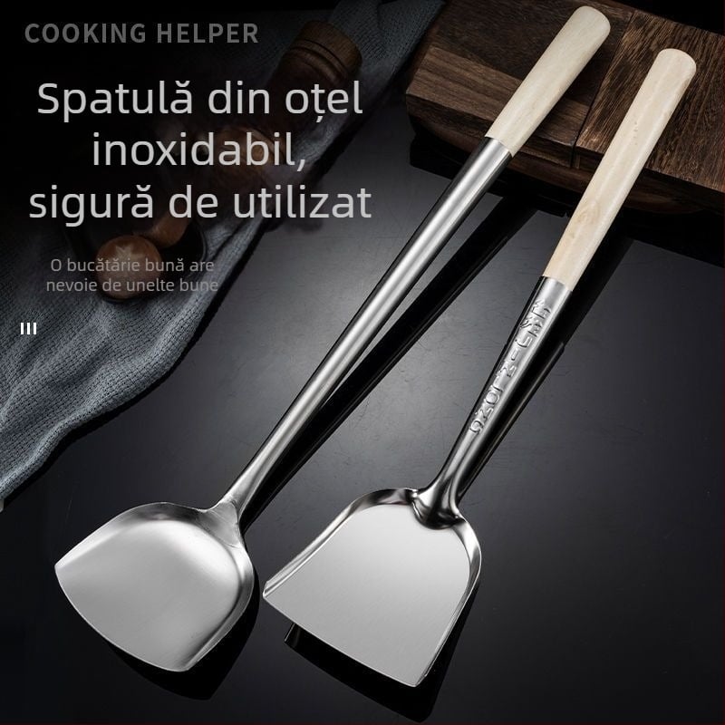 Set spatule din oțel inoxidabil cu mâner din lemn, durabil pentru gătit — spatulă pentru tigaie, lingură de supă cu găuri și strecurătoare pentru bucătărie de acasă