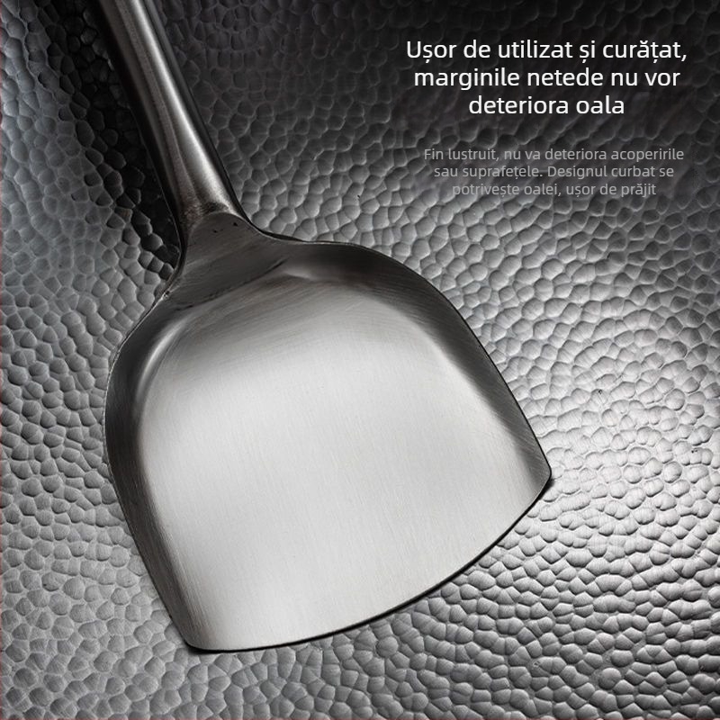 Set spatule din oțel inoxidabil cu mâner din lemn, durabil pentru gătit — spatulă pentru tigaie, lingură de supă cu găuri și strecurătoare pentru bucătărie de acasă