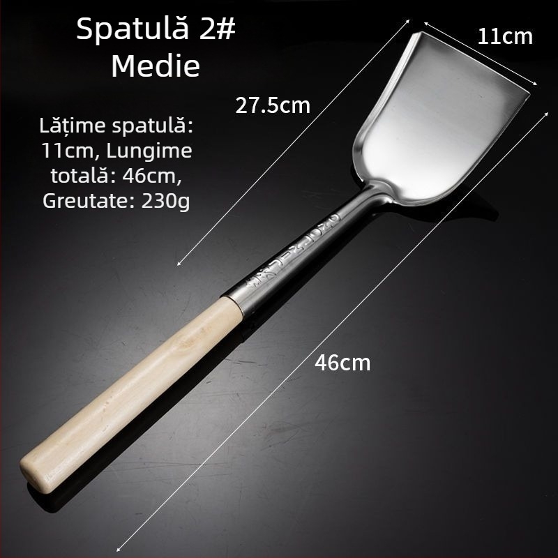 Set spatule din oțel inoxidabil cu mâner din lemn, durabil pentru gătit — spatulă pentru tigaie, lingură de supă cu găuri și strecurătoare pentru bucătărie de acasă