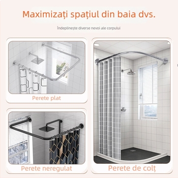 Bară de duș telescopică, fără găuri, cu curbă în formă L și U, separator impermeabil pentru baie