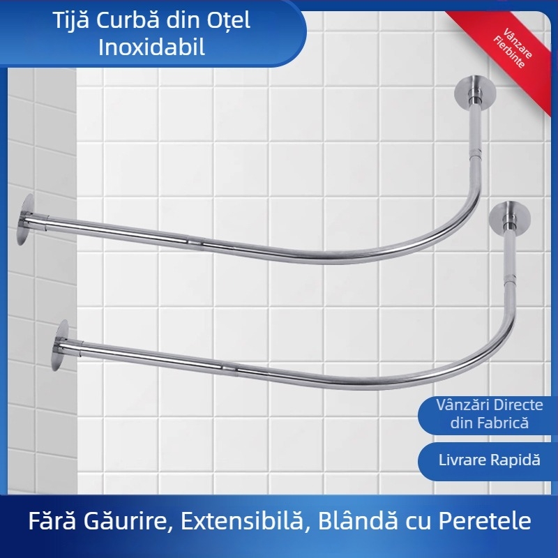 Bară de duș telescopică, fără găuri, cu curbă în formă L și U, separator impermeabil pentru baie