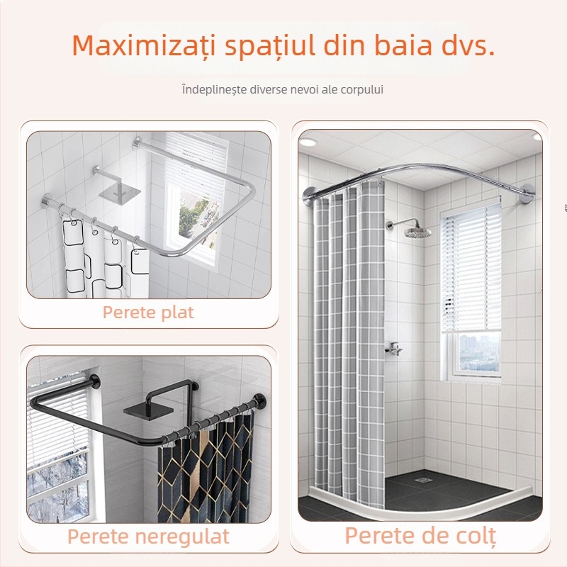 Bară de duș telescopică, fără găuri, cu curbă în formă L și U, separator impermeabil pentru baie