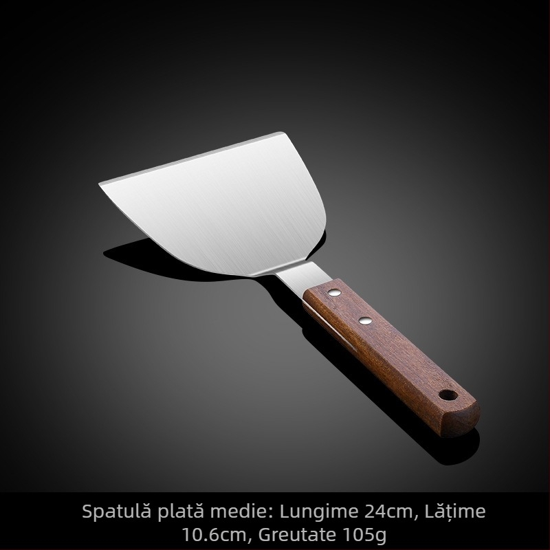 Spatulă din oțel inoxidabil pentru teppanyaki, mâner din lemn – bucătărie japoneză, clătite, omlete și friptură
