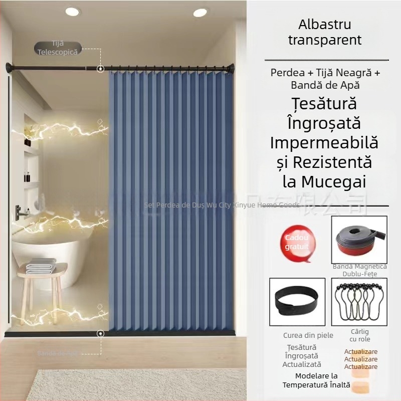 Set de perdele de duș pliabile, invizibil, fără găuri, material impermeabil, separare ud-uscat în baie