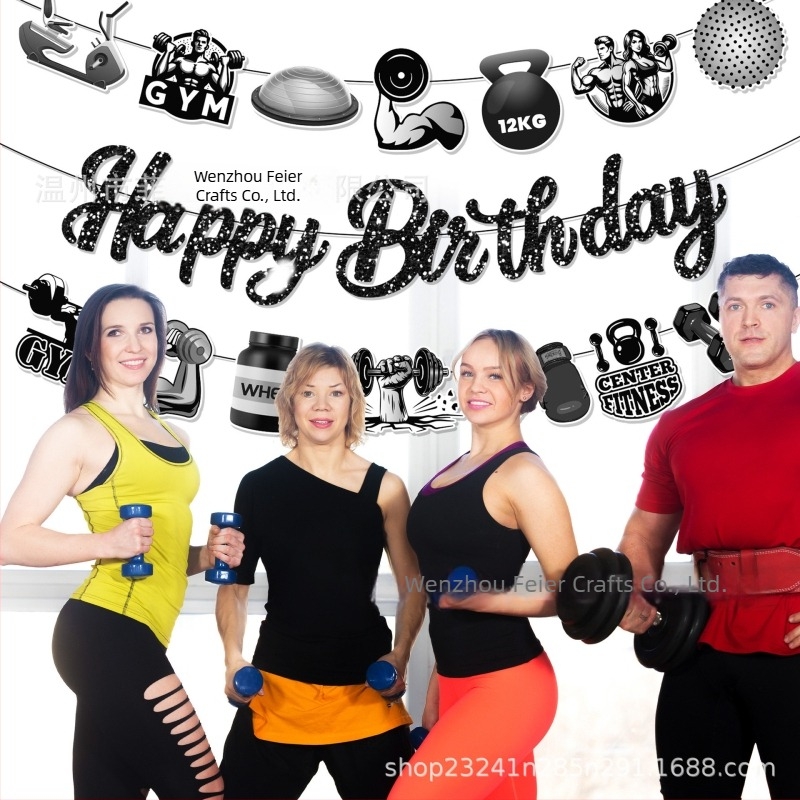Ba485 Ghirlandă decorativă cu temă fitness pentru ziua de naștere, banner cu 3 steaguri pentru echipament de fitness