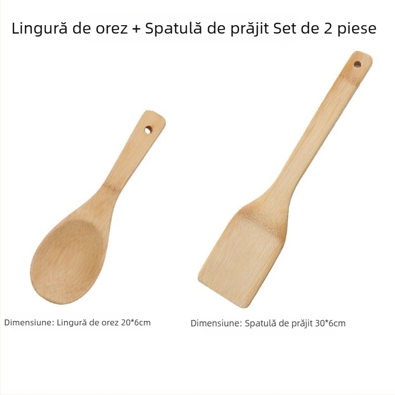 Set de ustensile de bucătărie din bambus: spatulă antiaderentă, rezistentă la temperaturi înalte, lingură de orez și spatulă pentru prăjit
