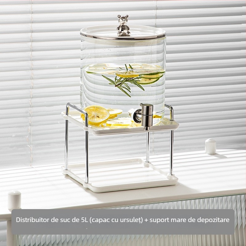 Dispenser din sticlă pentru apă rece, cu robinet, design ursuleț, capacitate mare, pentru living