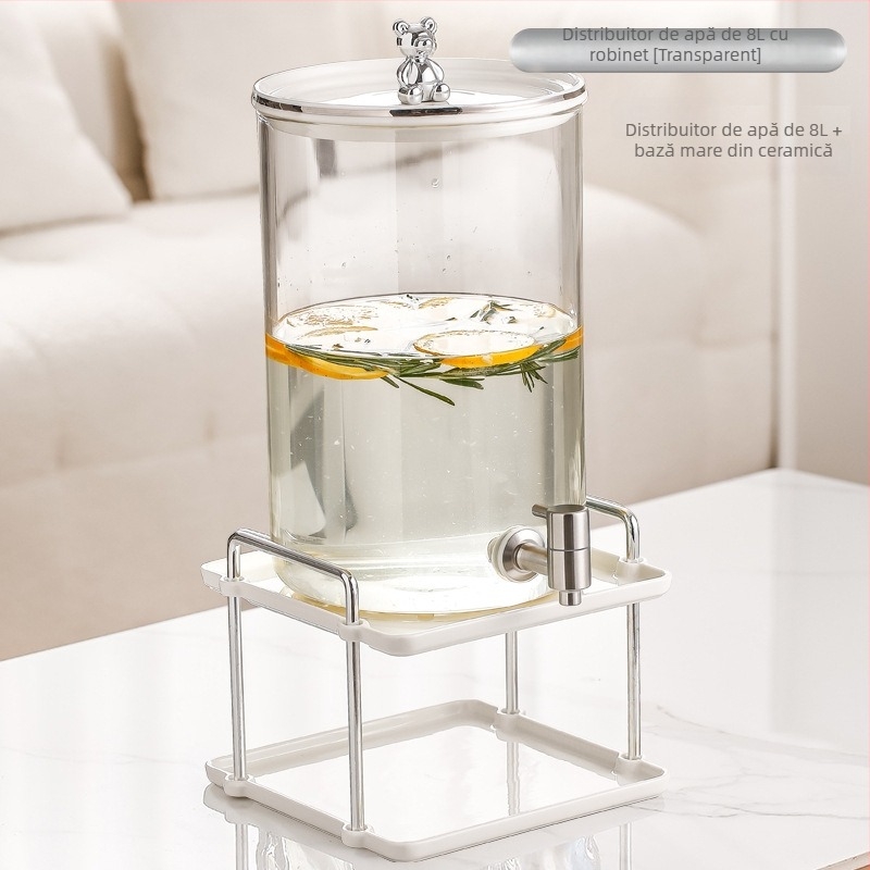Dispenser din sticlă pentru apă rece, cu robinet, design ursuleț, capacitate mare, pentru living