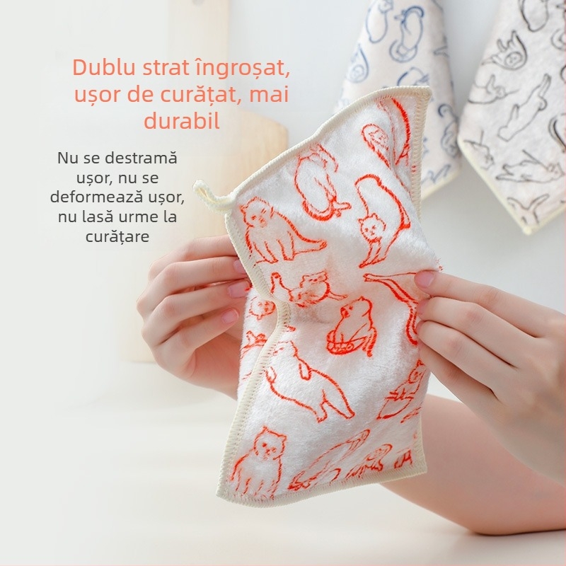 Laveta pentru vase, dublu strat, din fibră de lemn, model desen animat, ușor de curățat, nu lasă scame