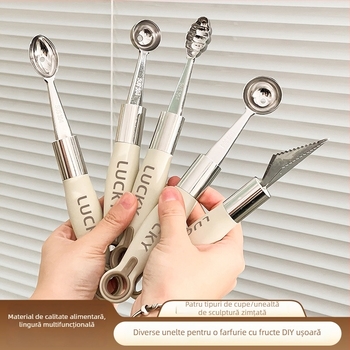 Lingură din oțel inoxidabil 304 cu bilă pentru fructe – instrument multifuncțional de servire a fructelor, extractor de pulpă, cuțit de sculptură creativ, tăietor de pepene și lingură de înghețată