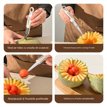 Lingură din oțel inoxidabil 304 cu bilă pentru fructe – instrument multifuncțional de servire a fructelor, extractor de pulpă, cuțit de sculptură creativ, tăietor de pepene și lingură de înghețată