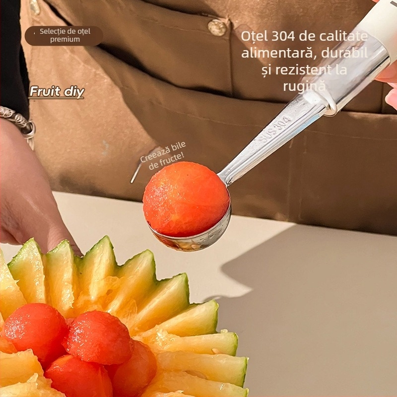 Lingură din oțel inoxidabil 304 cu bilă pentru fructe – instrument multifuncțional de servire a fructelor, extractor de pulpă, cuțit de sculptură creativ, tăietor de pepene și lingură de înghețată