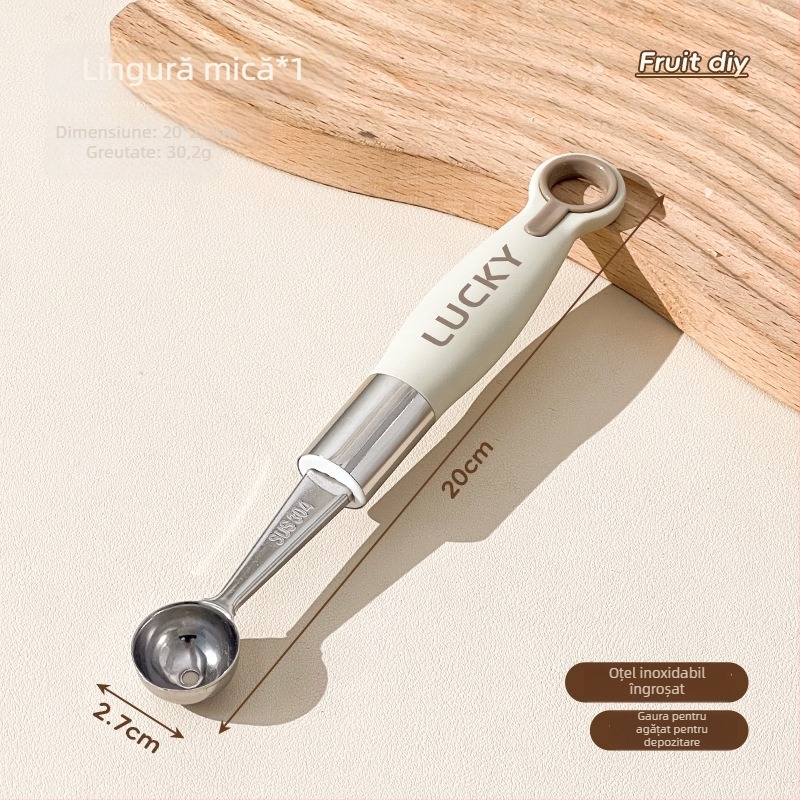 Lingură din oțel inoxidabil 304 cu bilă pentru fructe – instrument multifuncțional de servire a fructelor, extractor de pulpă, cuțit de sculptură creativ, tăietor de pepene și lingură de înghețată
