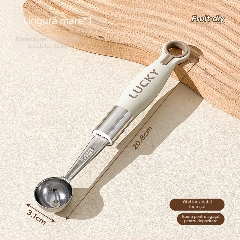Lingură din oțel inoxidabil 304 cu bilă pentru fructe – instrument multifuncțional de servire a fructelor, extractor de pulpă, cuțit de sculptură creativ, tăietor de pepene și lingură de înghețată