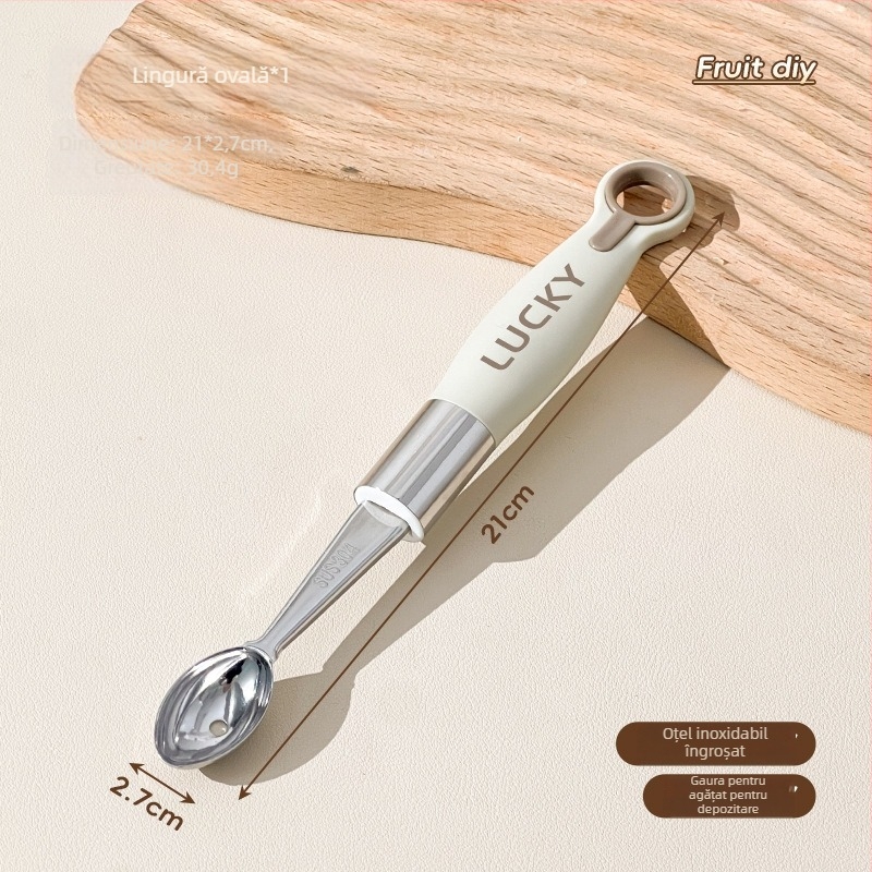 Lingură din oțel inoxidabil 304 cu bilă pentru fructe – instrument multifuncțional de servire a fructelor, extractor de pulpă, cuțit de sculptură creativ, tăietor de pepene și lingură de înghețată