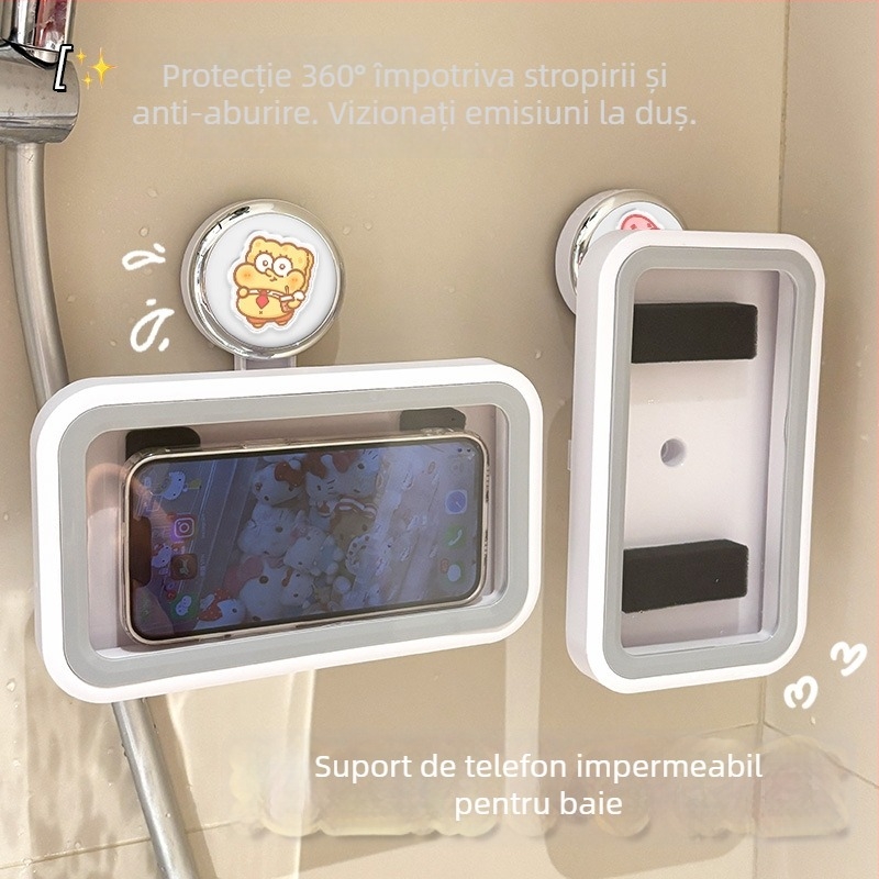 Suport pentru telefon cu ventuză pentru baie, husă impermeabilă pentru telefon, montaj pe perete, raft de depozitare multifuncțional pentru baie