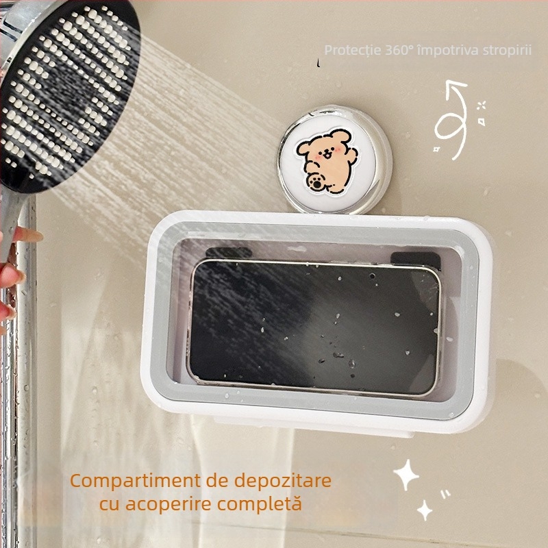 Suport pentru telefon cu ventuză pentru baie, husă impermeabilă pentru telefon, montaj pe perete, raft de depozitare multifuncțional pentru baie