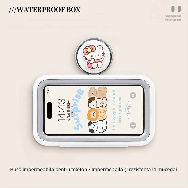 Suport pentru telefon cu ventuză pentru baie, husă impermeabilă pentru telefon, montaj pe perete, raft de depozitare multifuncțional pentru baie