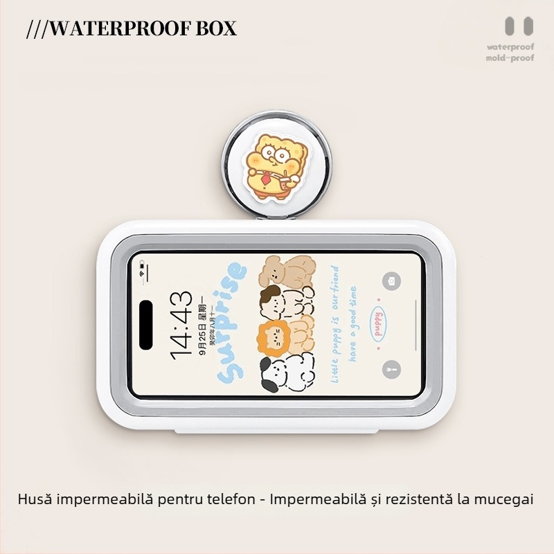 Suport pentru telefon cu ventuză pentru baie, husă impermeabilă pentru telefon, montaj pe perete, raft de depozitare multifuncțional pentru baie