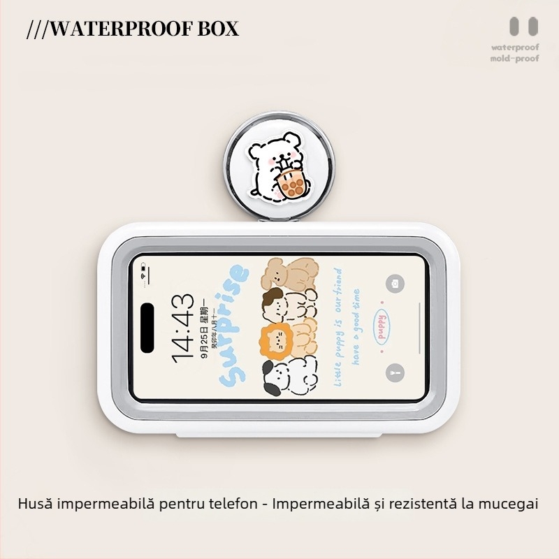 Suport pentru telefon cu ventuză pentru baie, husă impermeabilă pentru telefon, montaj pe perete, raft de depozitare multifuncțional pentru baie