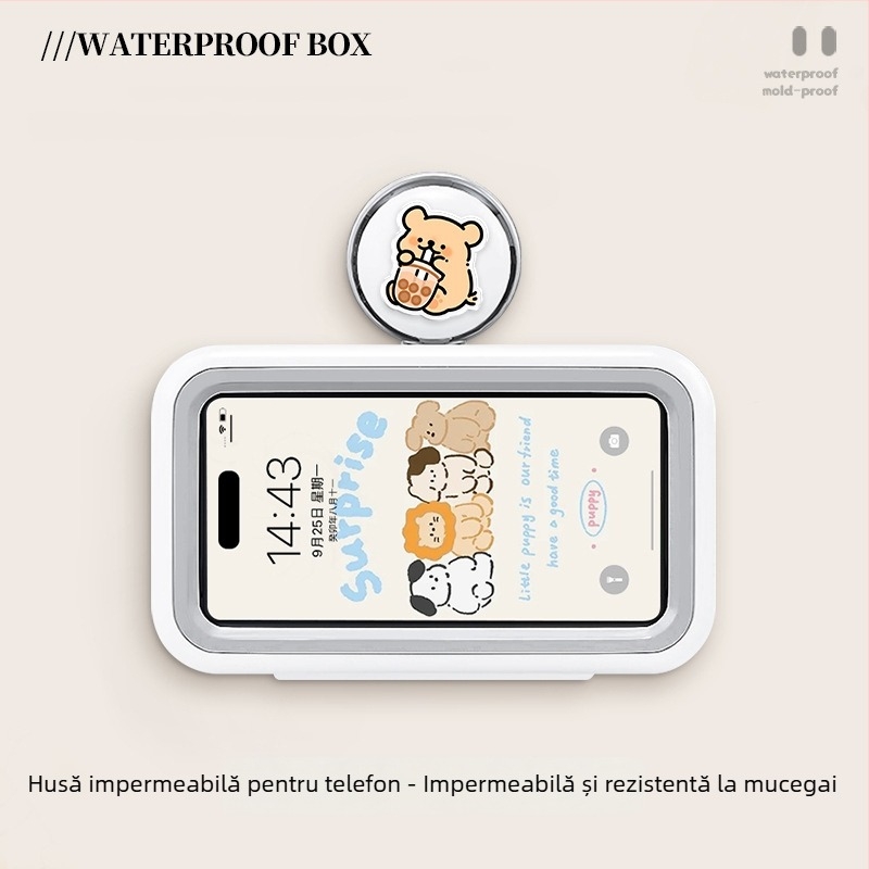 Suport pentru telefon cu ventuză pentru baie, husă impermeabilă pentru telefon, montaj pe perete, raft de depozitare multifuncțional pentru baie