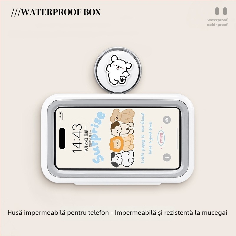 Suport pentru telefon cu ventuză pentru baie, husă impermeabilă pentru telefon, montaj pe perete, raft de depozitare multifuncțional pentru baie