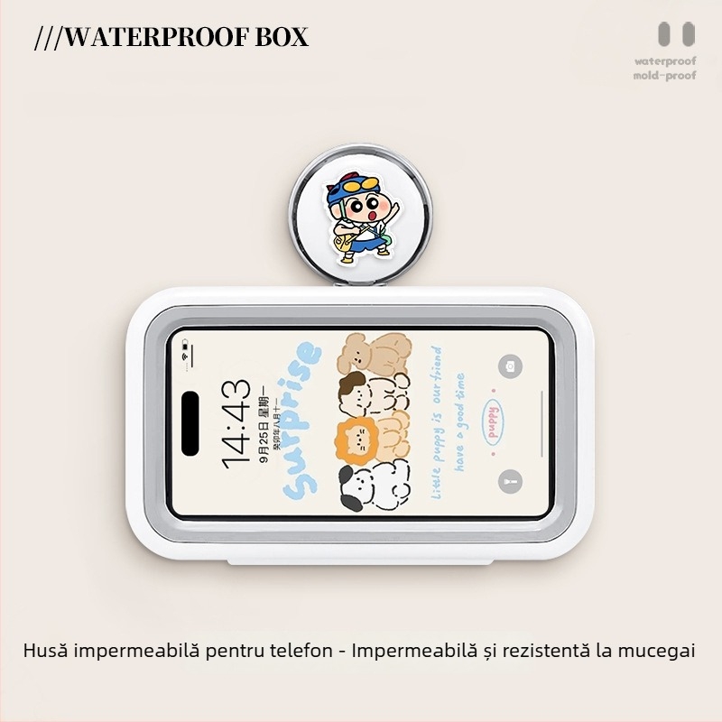 Suport pentru telefon cu ventuză pentru baie, husă impermeabilă pentru telefon, montaj pe perete, raft de depozitare multifuncțional pentru baie