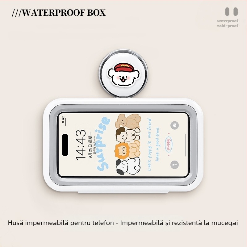 Suport pentru telefon cu ventuză pentru baie, husă impermeabilă pentru telefon, montaj pe perete, raft de depozitare multifuncțional pentru baie