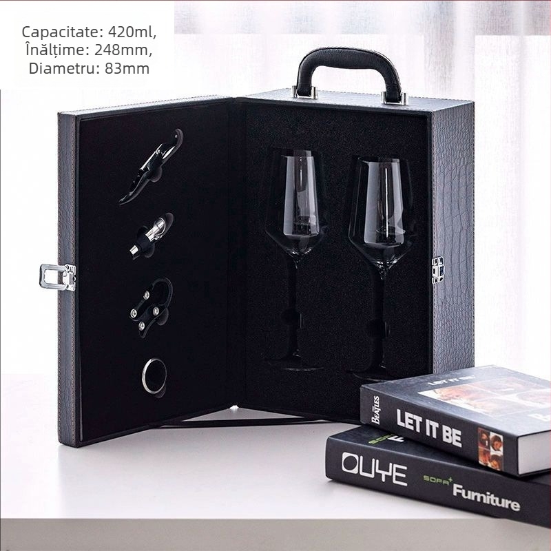 Set din două pahare de vin roșu din cristal, într-o cutie din piele
