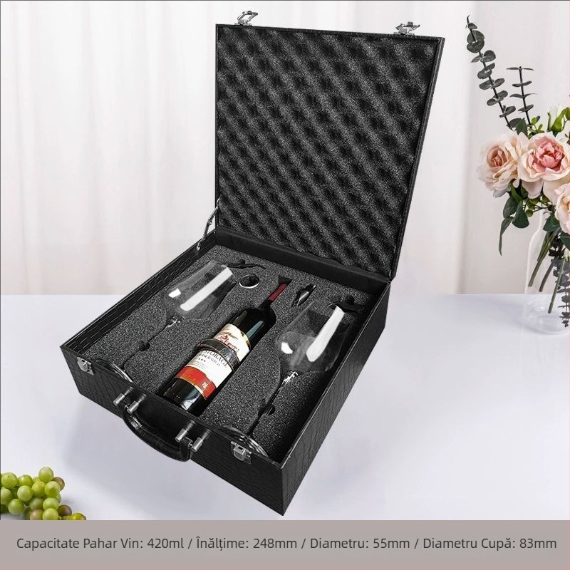 Set din două pahare de vin roșu din cristal, într-o cutie din piele