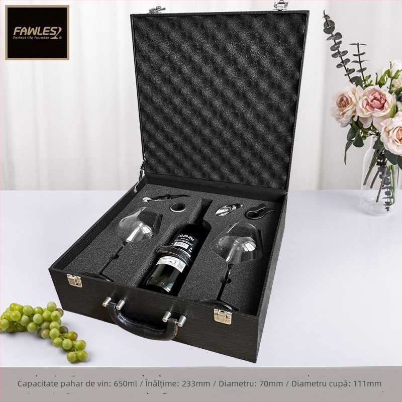 Set din două pahare de vin roșu din cristal, într-o cutie din piele