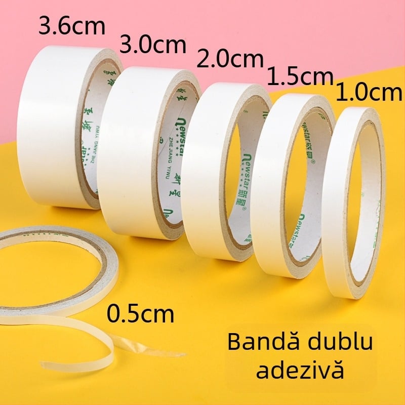 Bandă dublu-adezivă puternică pentru meșteșuguri, bază din bumbac, rolă de 10 m, lățimi 0,5–2,0 cm