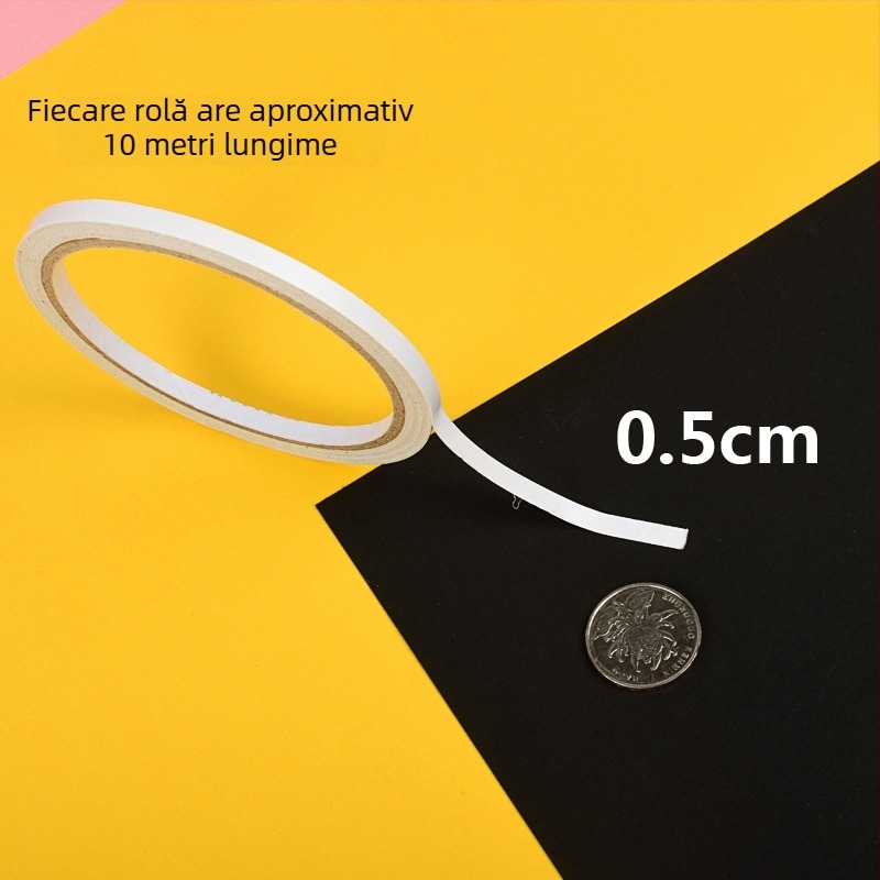 Bandă dublu-adezivă puternică pentru meșteșuguri, bază din bumbac, rolă de 10 m, lățimi 0,5–2,0 cm