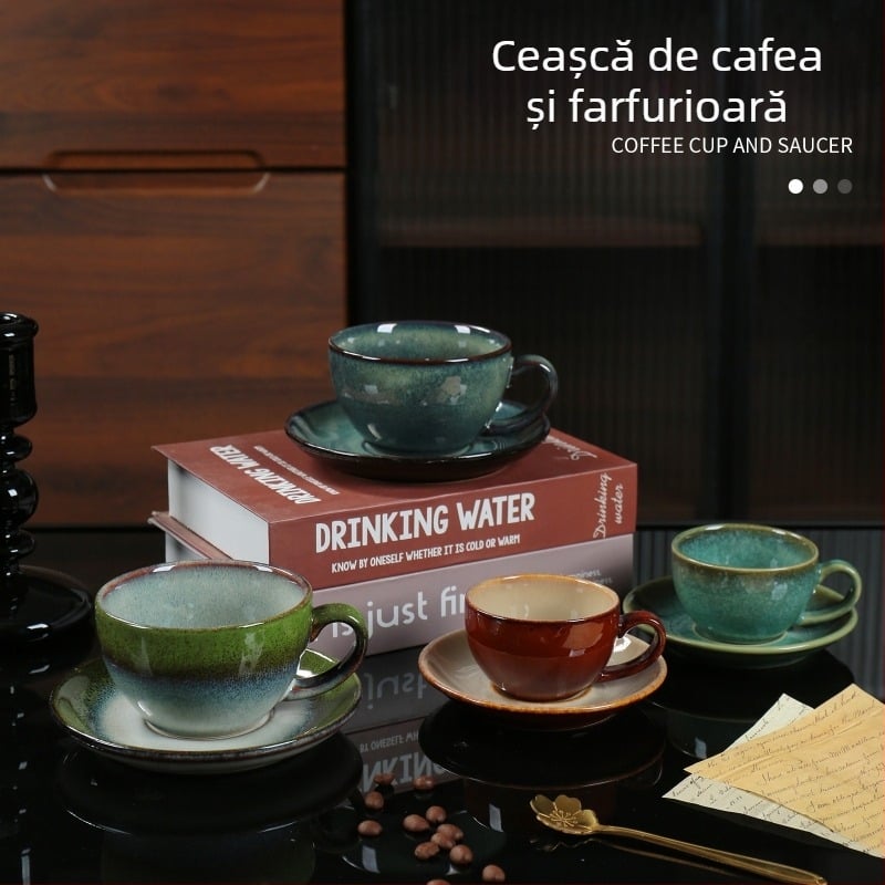 Set ceramic cuvă de cafea și farfuriu, stil retro pentru ceai de după-amiază latte, rezistent la temperaturi înalte și compatibil cu mașina de spălat vase