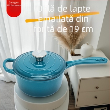 Oală emailată din fontă pentru lapte, cu capac din fontă, mâner unic, pentru lapte, tăiței, terci și supă