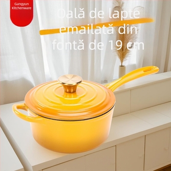 Oală emailată din fontă pentru lapte, cu capac din fontă, mâner unic, pentru lapte, tăiței, terci și supă