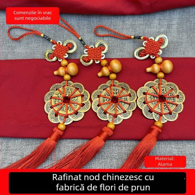 Pandantiv chinezesc din alamă cu nod chinezesc, motiv floare de prune și dovleac din lemn, lucrat manual