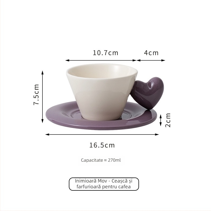 Set ceramic cușă de cafea în formă de inimă, cu farfuriu și platou pentru desert, ideal pentru ceaiul de după-amiază