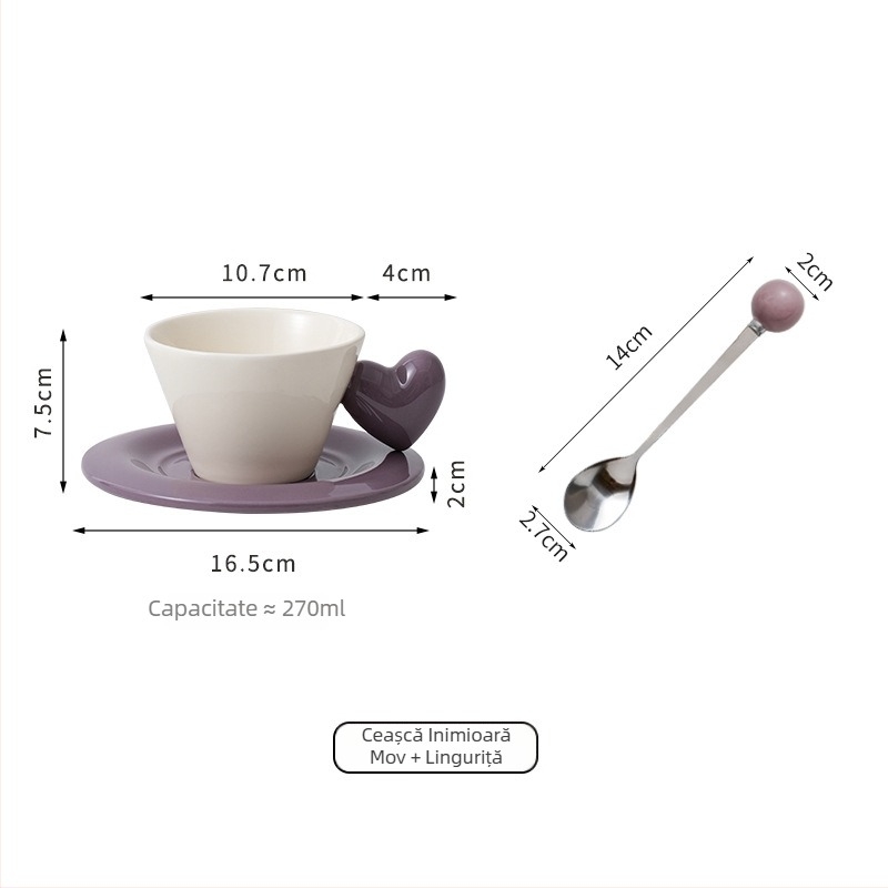 Set ceramic cușă de cafea în formă de inimă, cu farfuriu și platou pentru desert, ideal pentru ceaiul de după-amiază