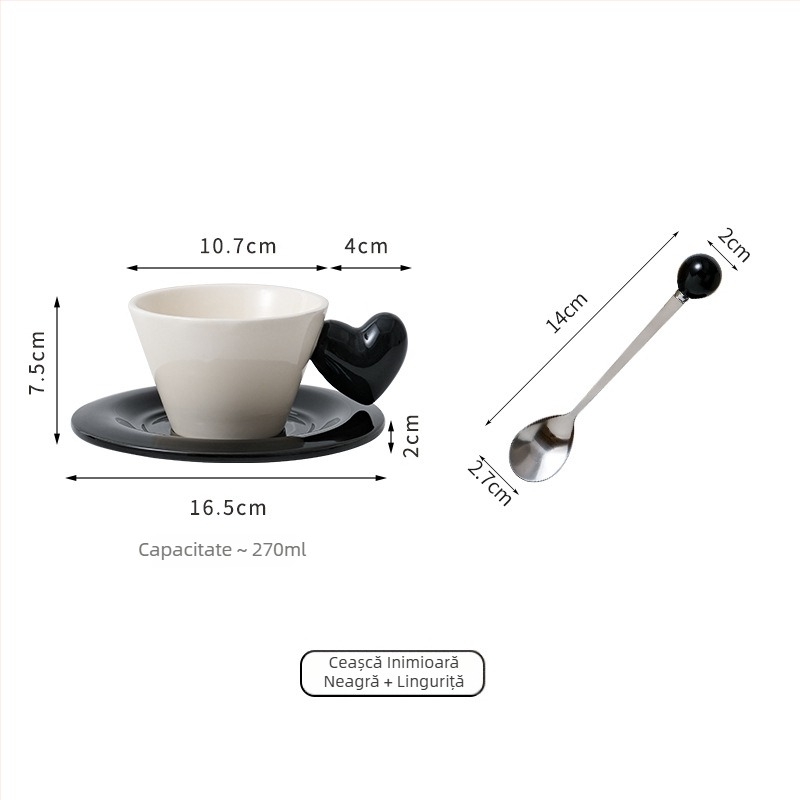 Set ceramic cușă de cafea în formă de inimă, cu farfuriu și platou pentru desert, ideal pentru ceaiul de după-amiază