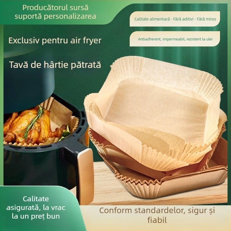 Farfurie de hârtie pentru friteuza cu aer, de calitate alimentară, rezistentă la temperaturi înalte, absorbantă de ulei, pătrată hârtie de copt