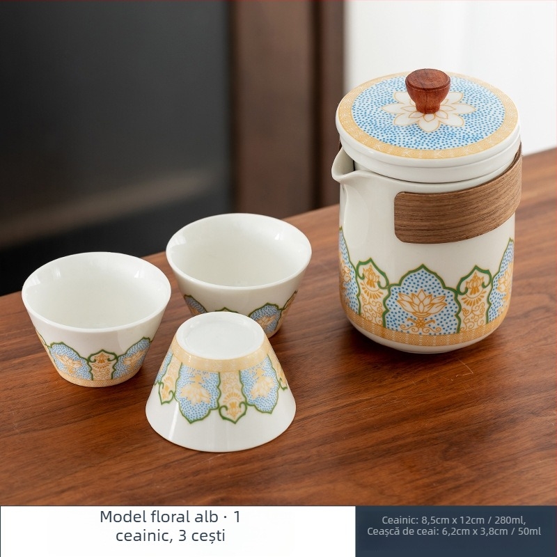 Set de ceai de călătorie portabil cu un ceainic și trei cești, ceramic, pentru afaceri și activități în aer liber
