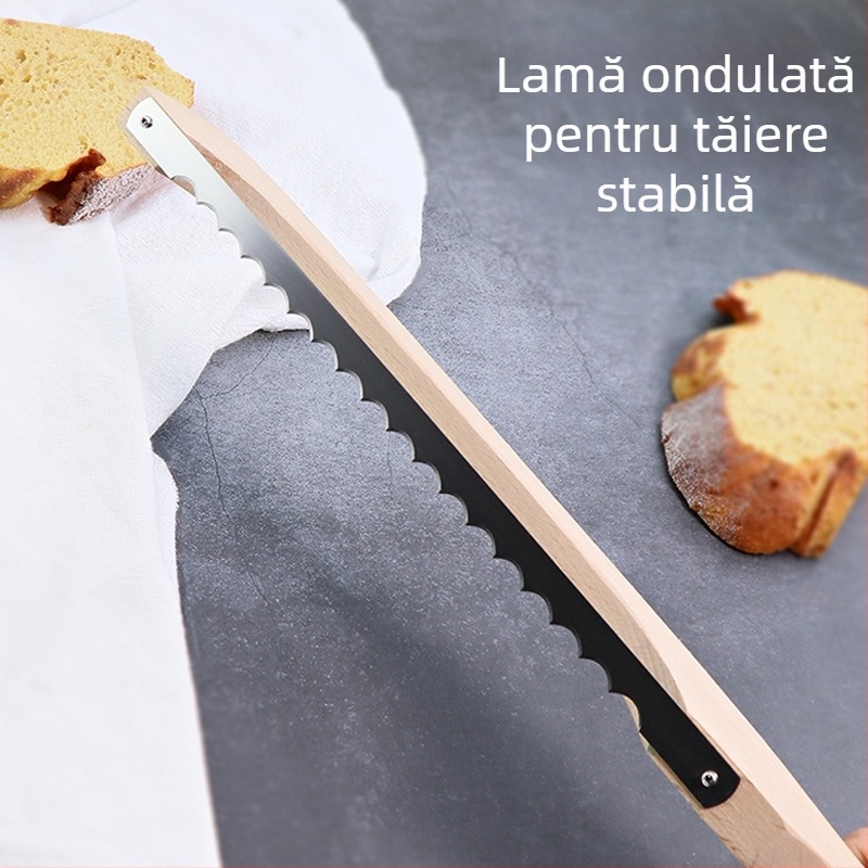 Cuțit de pâine cu mâner din fag și lamă arcuită, dințat, pentru felii de baghetă și toast