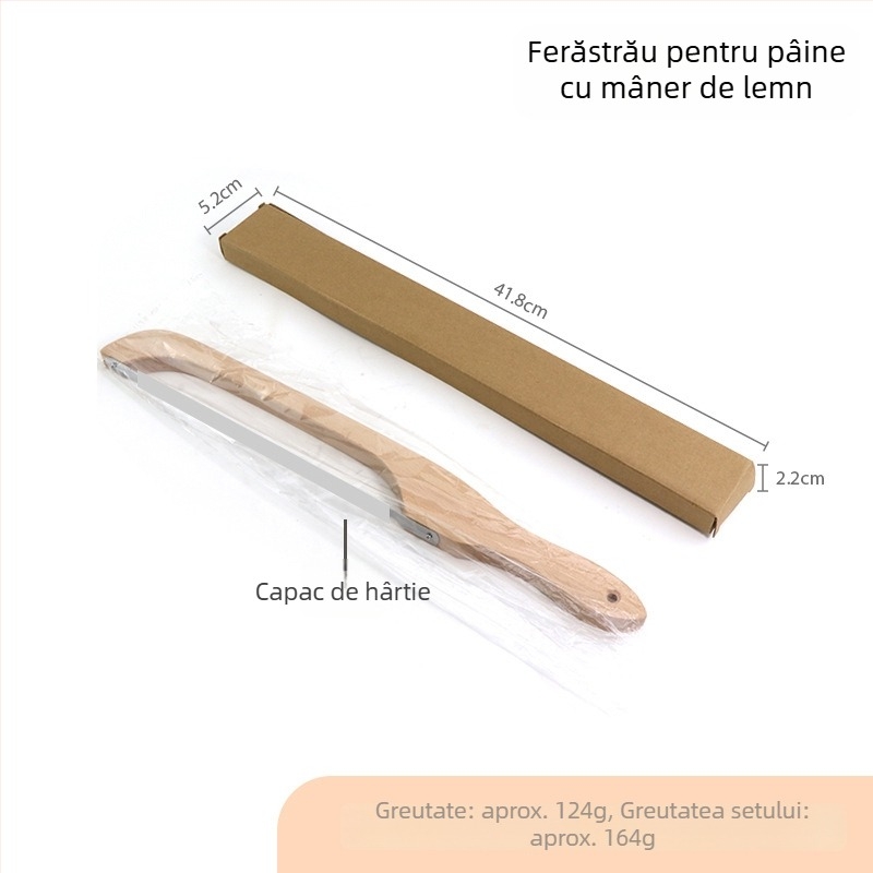 Cuțit de pâine cu mâner din fag și lamă arcuită, dințat, pentru felii de baghetă și toast